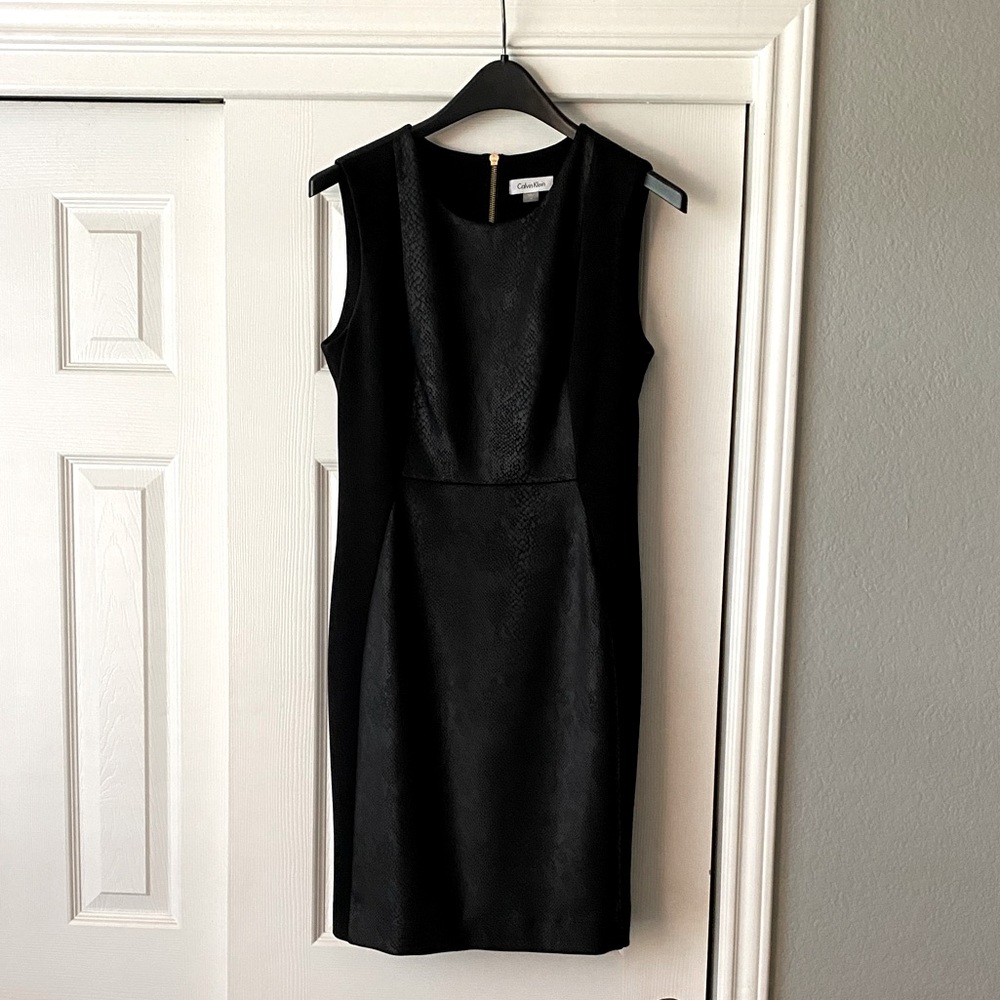 Calvin Klein LBD with faux snake skin inset.